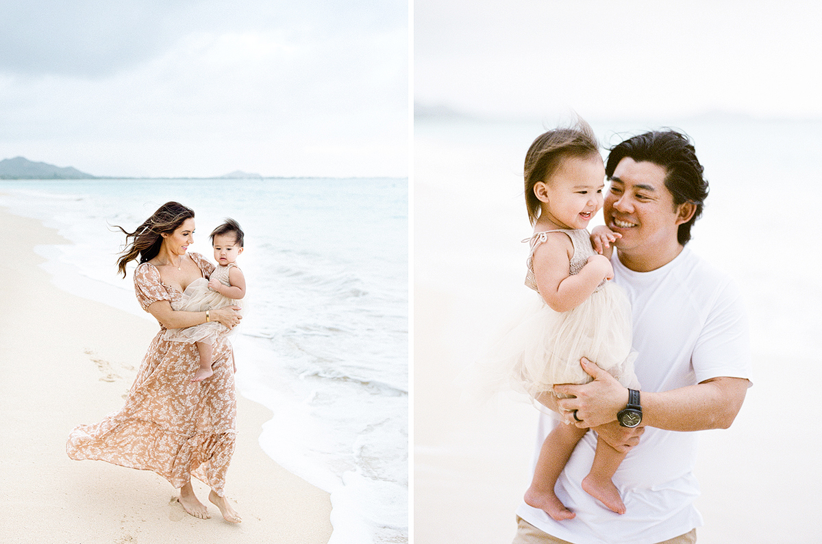 Family photography session at Kailua Beach by film photographer, Laura Ivanova