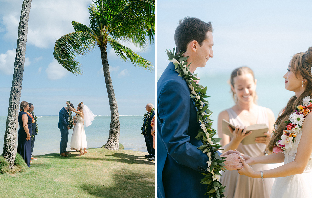 Small wedding ceremony at Waialae Beach on Oahu, Hawaii. Captured by Laura Ivanova Photography